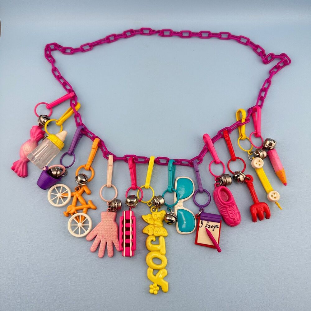 1980s Vintage Bell Clip Charm Necklace 19 Plastic Charms Pink Chain Retro Kid - Picture 7 of 14